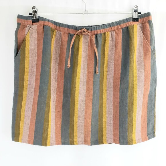 Garnet Hill 100% Linen Pull-On Mini Skirt Size XL Multi-Color Stripes Pockets - Picture 2 of 8